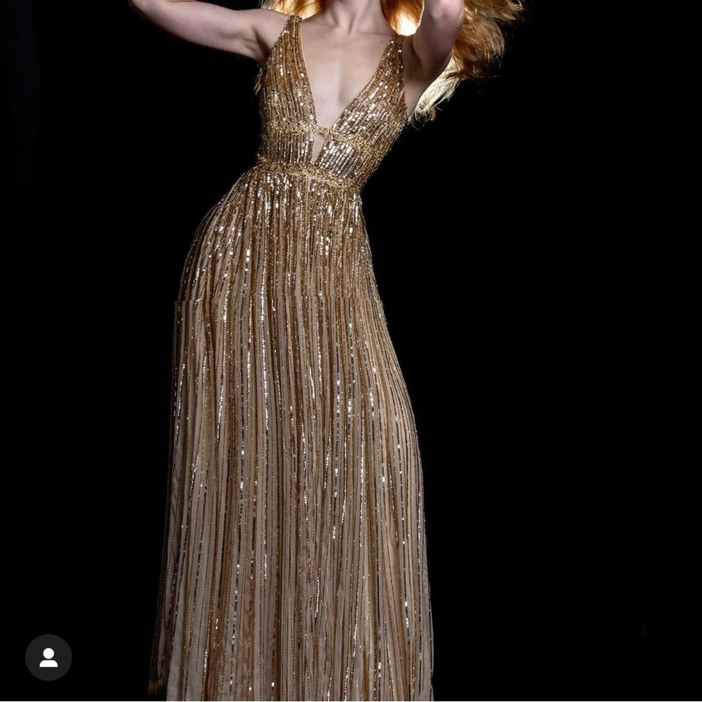 Gold beaded plunge neckline full length sequined Mac Duggal gown
